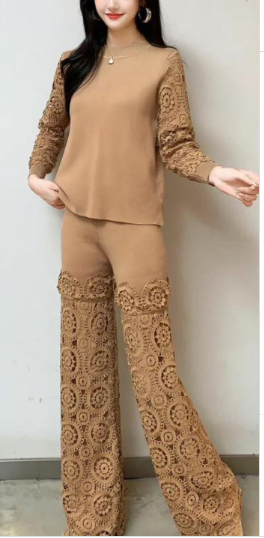 Saira 2 Piece Outfits  Knit Pullover and Wide Leg Lace Pants Lounge Matching Set